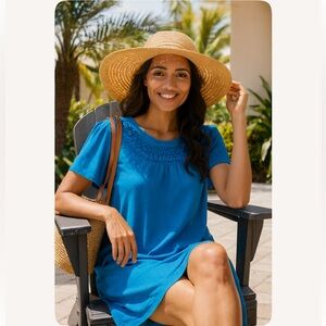 T by Talbots Blue Cotton Flutter Sleeve Crochet Neckline T-Shirt Dress Women's L